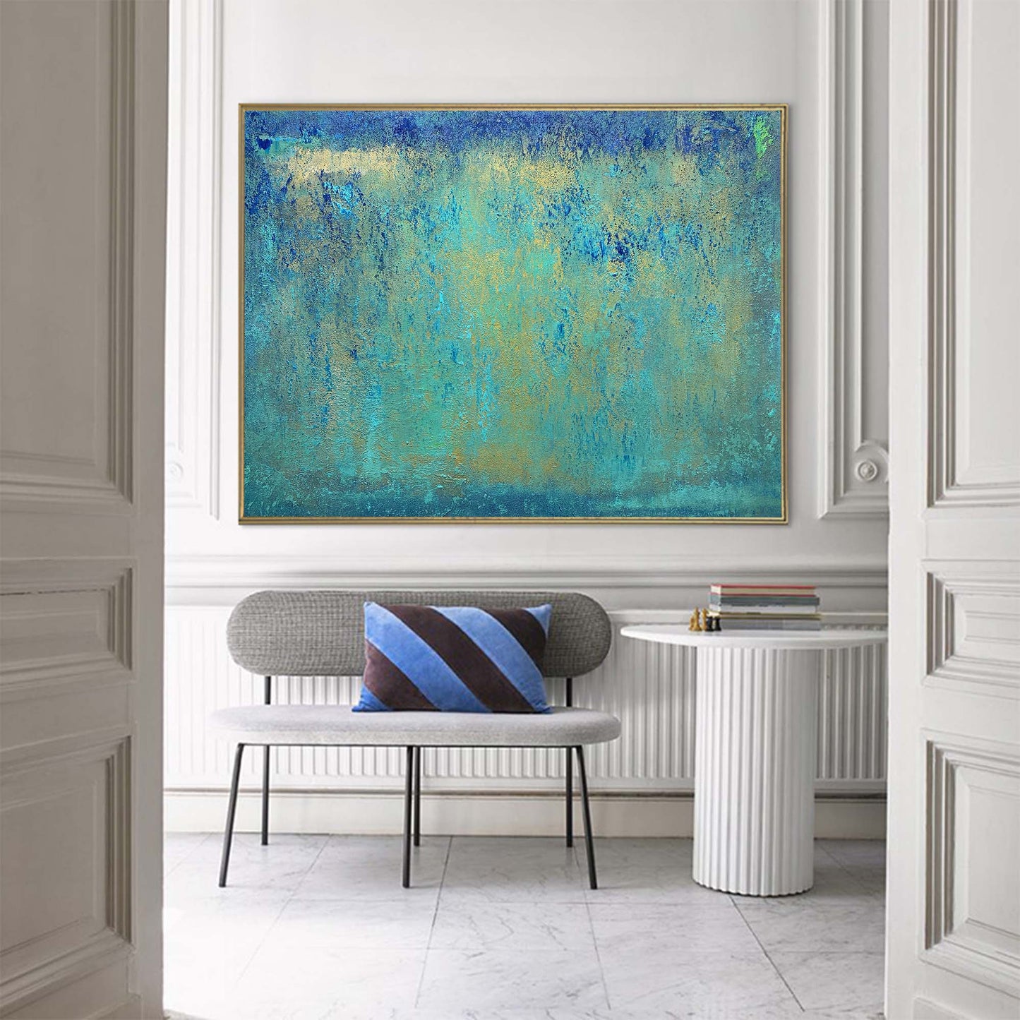 Serene Blue and Green Abstract Oil Painting for Modern Home Decor