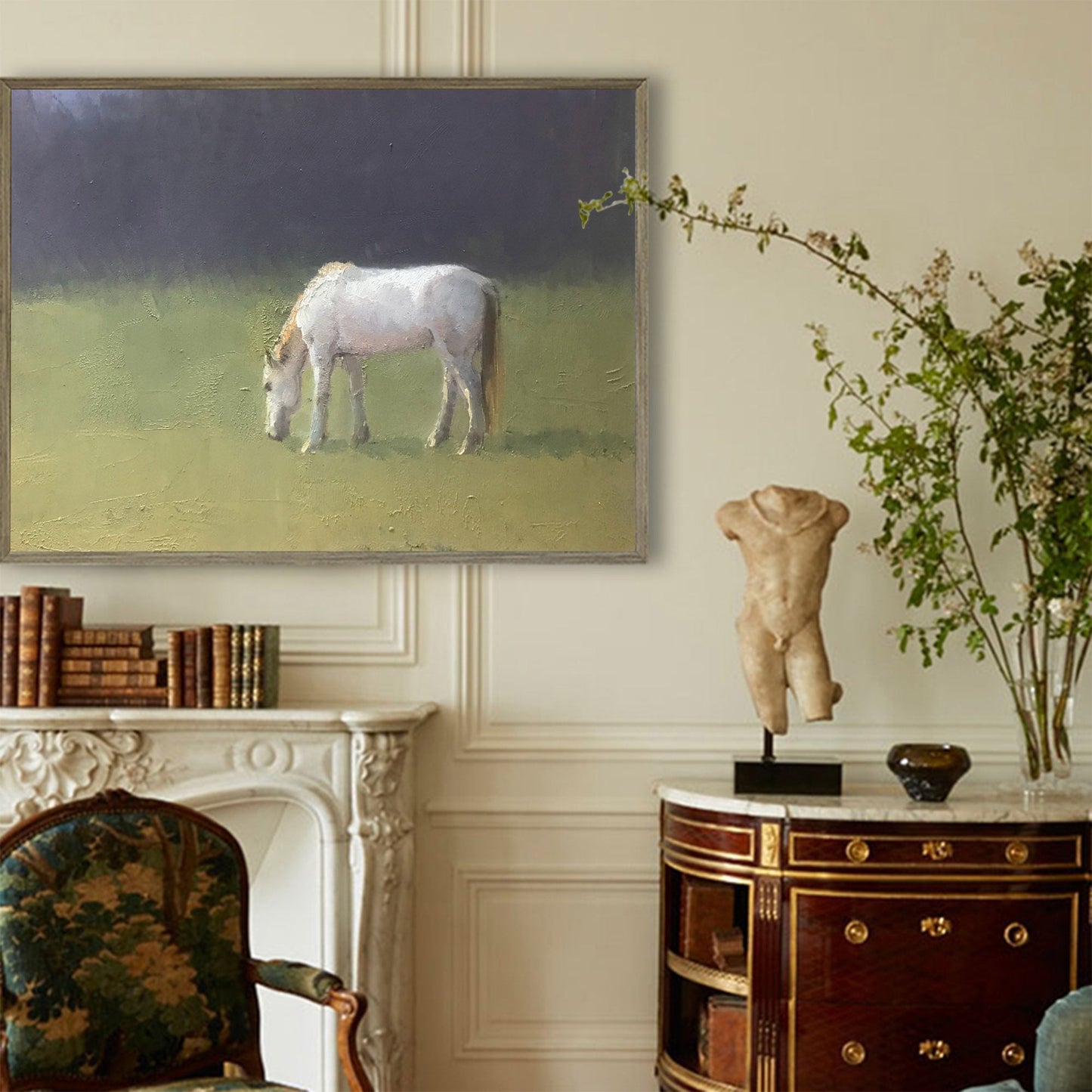 Serene White Horse Oil Painting for Modern Home Decor