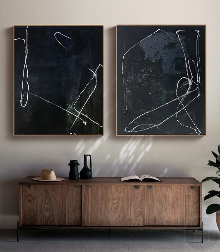 Elegant Black Abstract Oil Painting with Modern Minimalist Lines