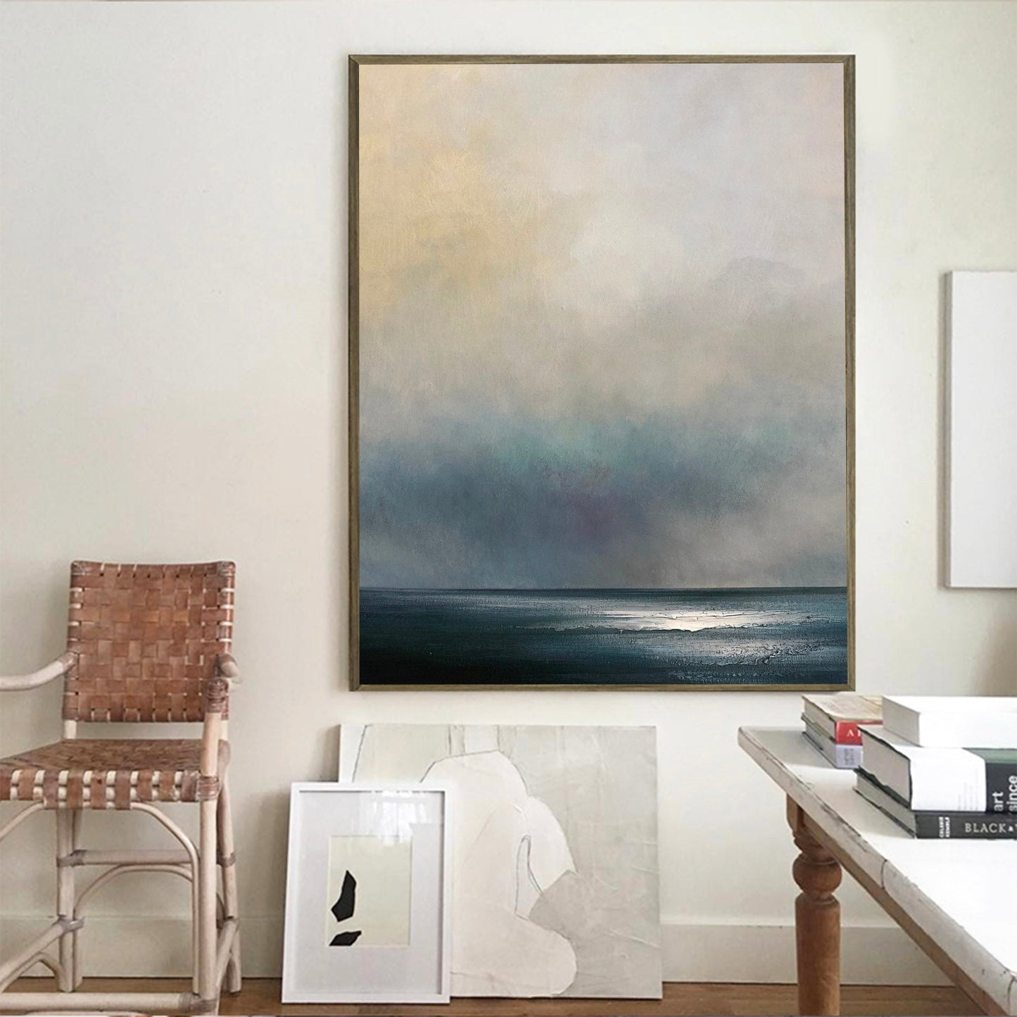 Serene Modern Abstract Ocean Landscape Oil Painting for Home Decor