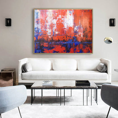 Vibrant Red and Blue Abstract Oil Painting for Modern Home D√©cor