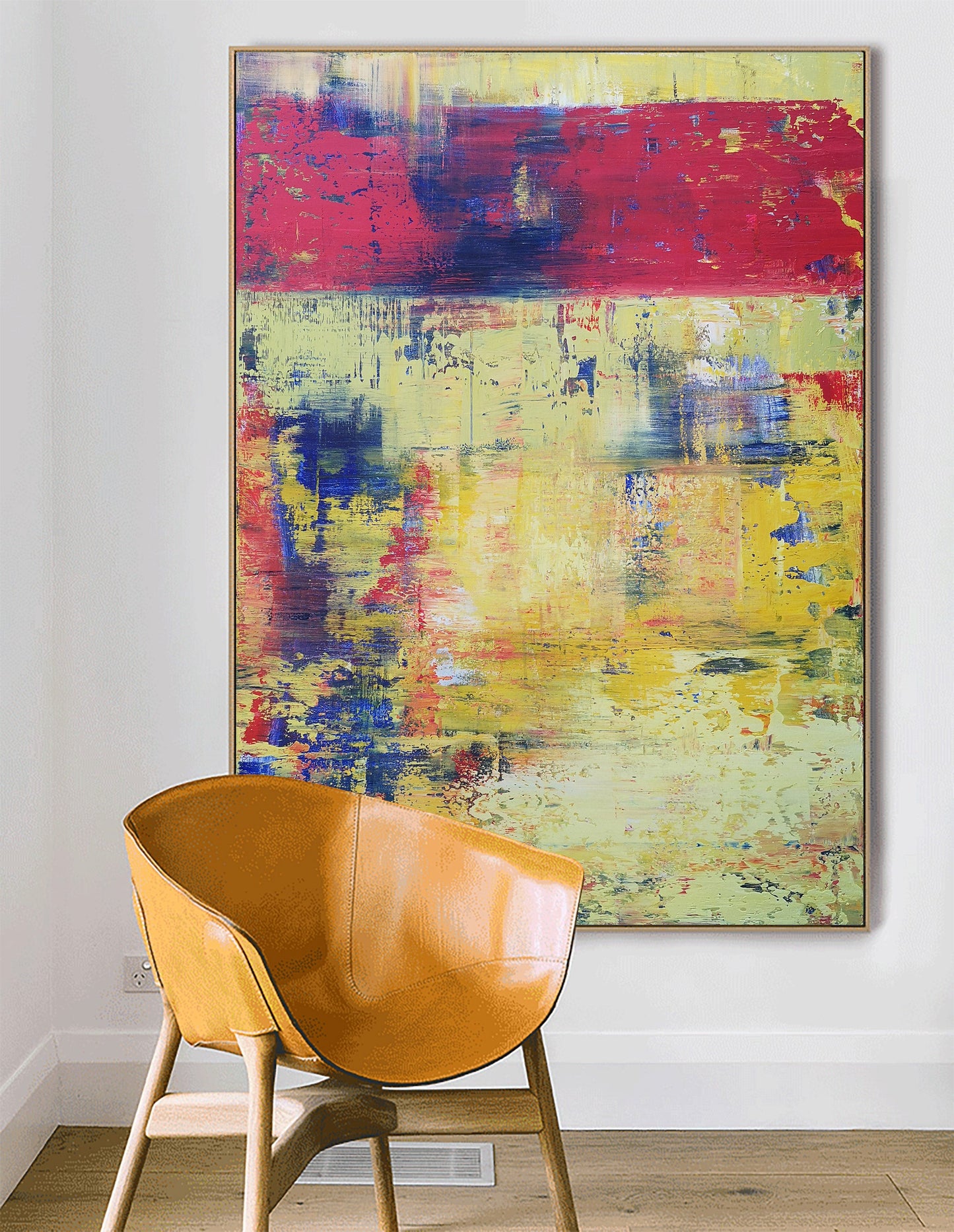 Vibrant Yellow and Red Abstract Oil Painting for Modern Home Decor