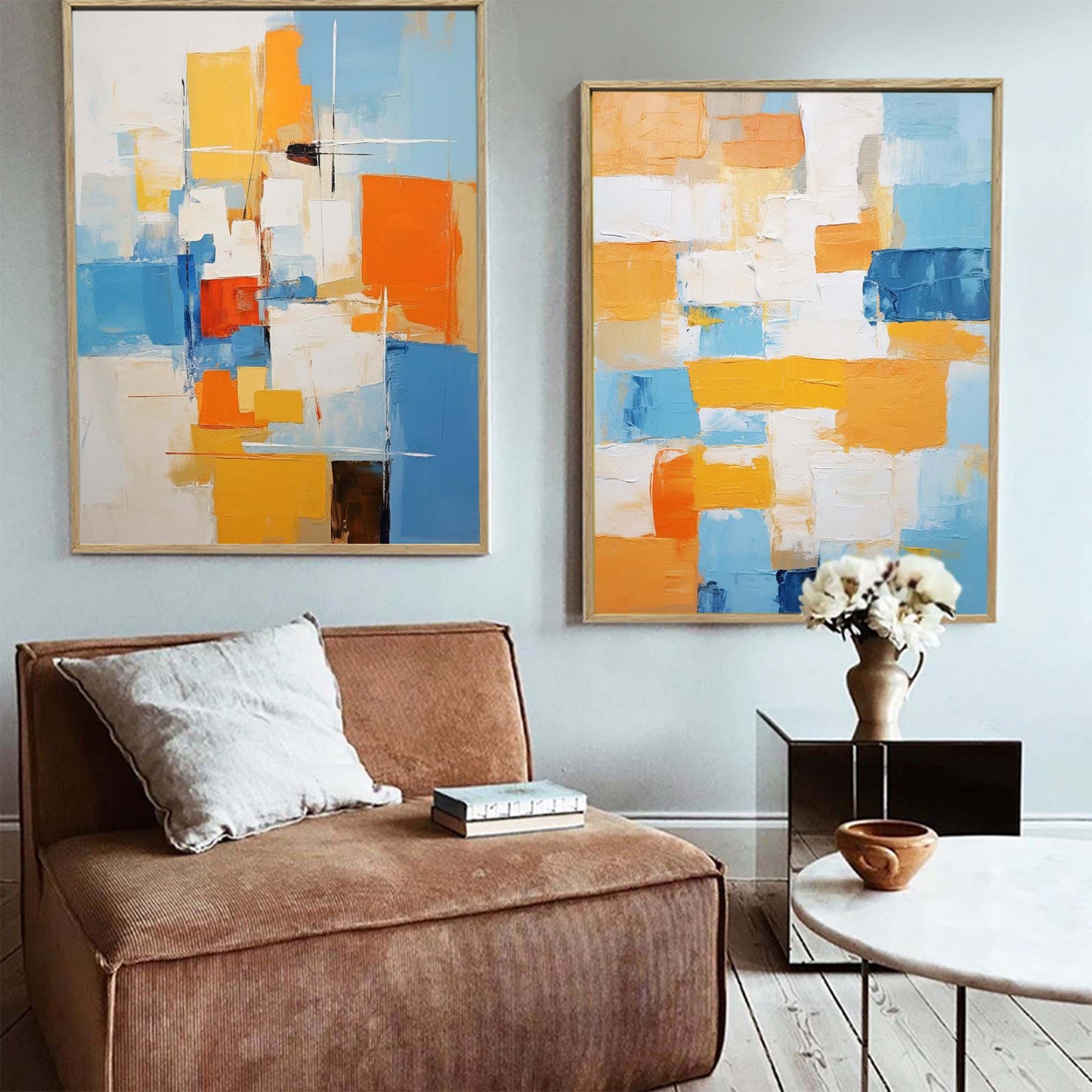 Vibrant Abstract Oil Painting with Blue and Orange Geometric Shapes for Modern Decor