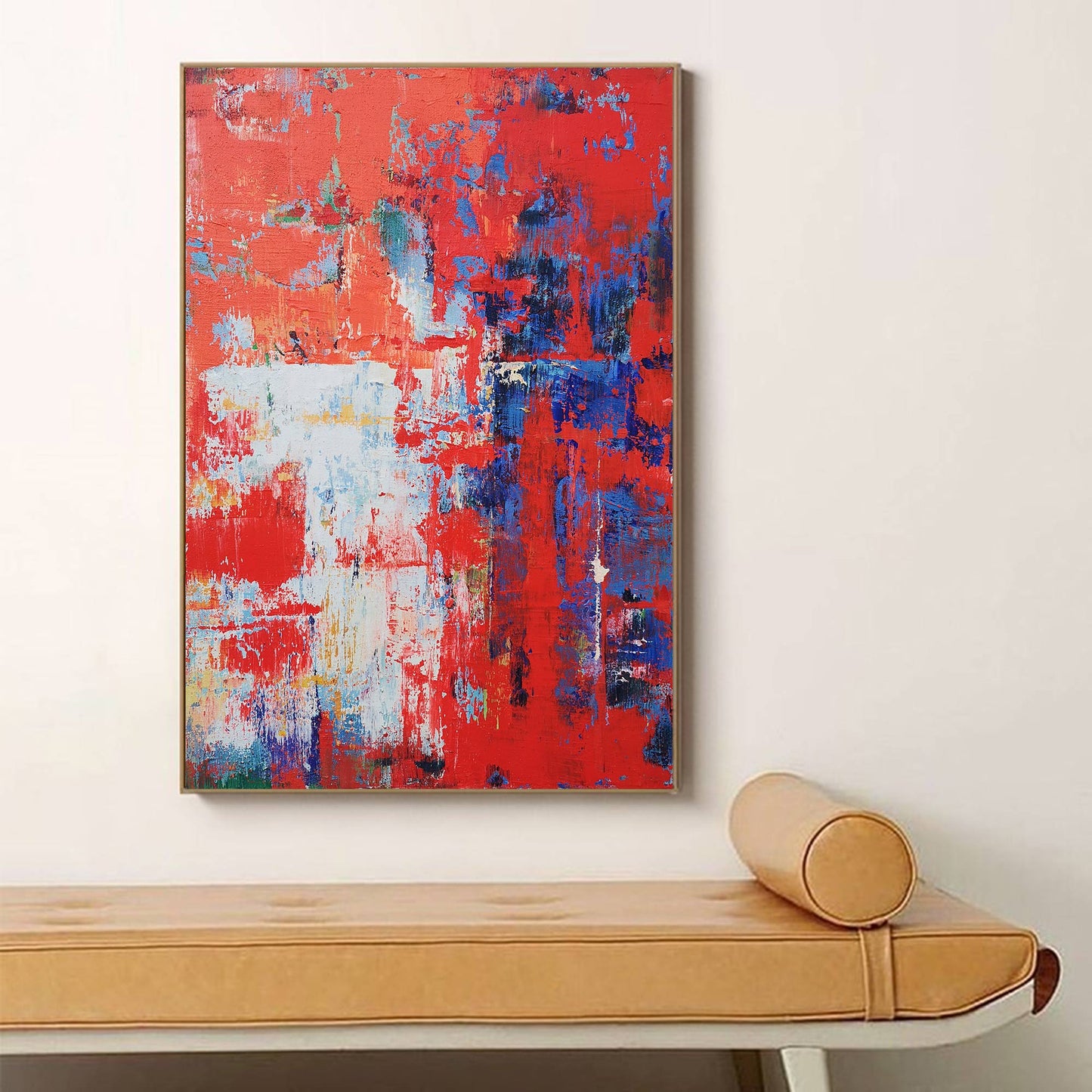 Vibrant Red Abstract Oil Painting with Bold Blue Accents for Modern Home Decor