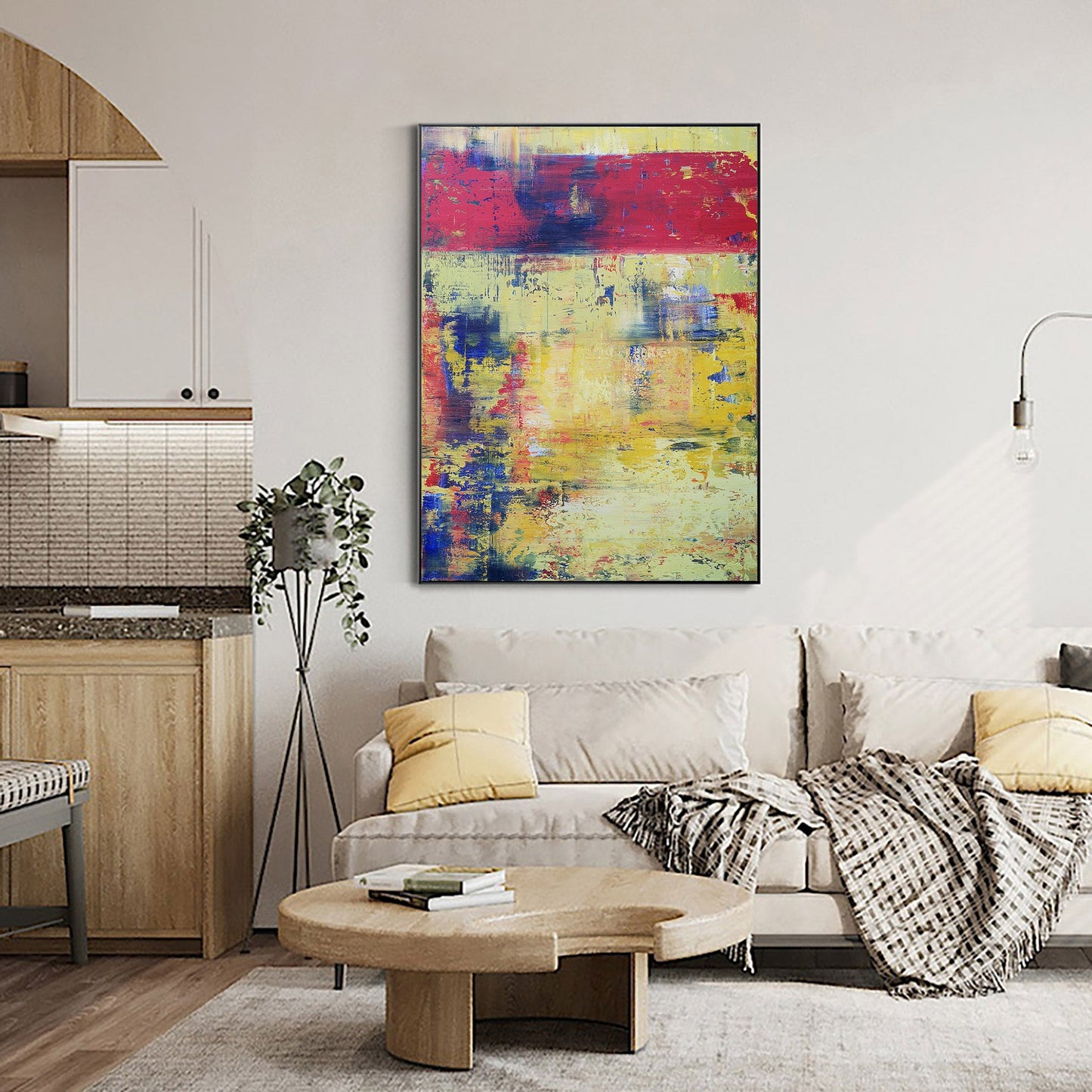 Vibrant Yellow and Red Abstract Oil Painting for Modern Home Decor