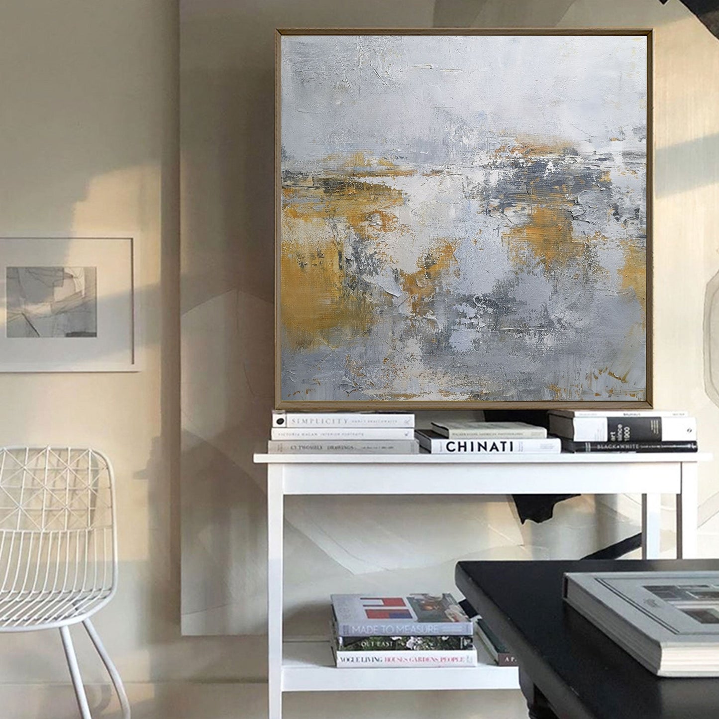 Abstract Modern Coastal Landscape in Soft Pastels and Gold Tones for Elegant Decor