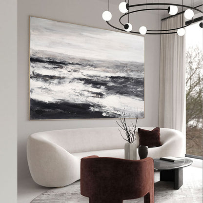 Monochrome Coastal Serenity: Abstract Black and White Beach Oil Painting