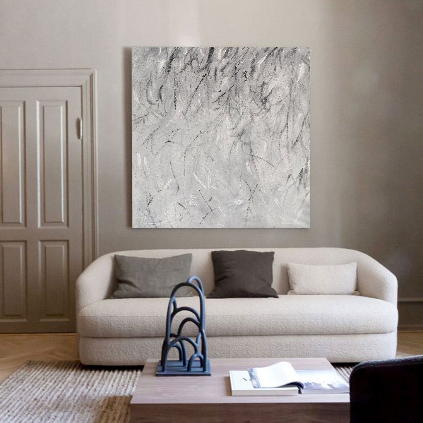 Abstract Black and White Minimalist Oil Painting for Modern Home Decor