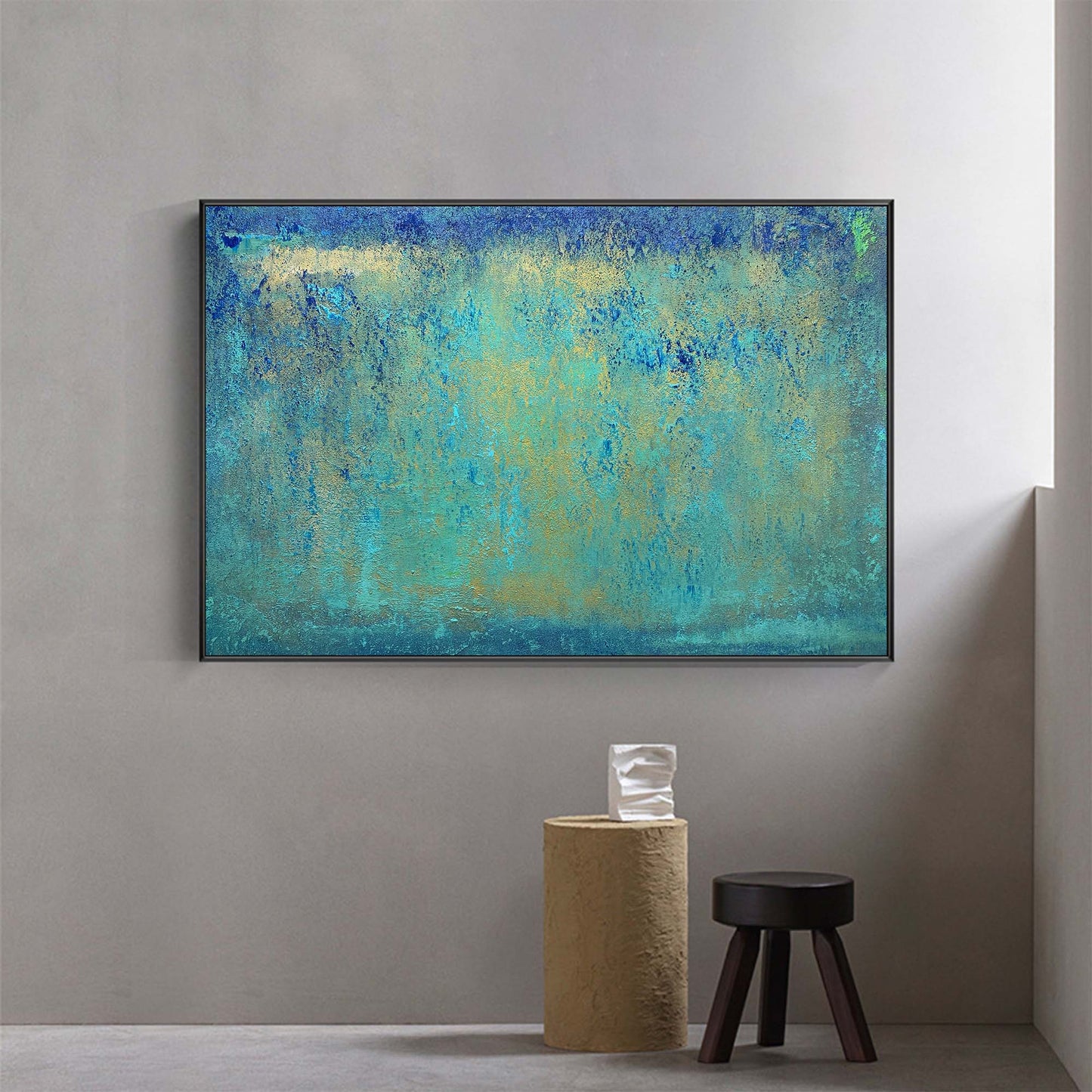 Serene Blue and Green Abstract Oil Painting for Modern Home Decor