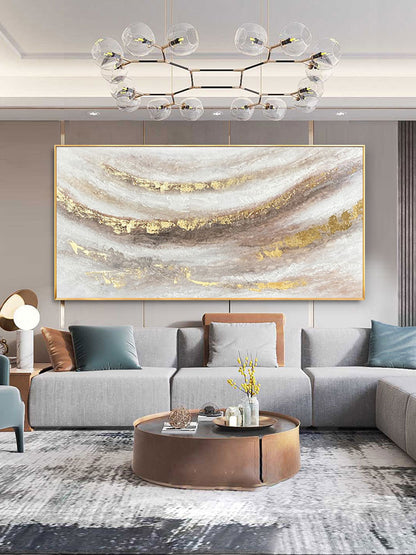 White Granite Marble Gold Accent Abstract Oil Painting