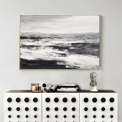 Monochrome Coastal Serenity: Abstract Black and White Beach Oil Painting