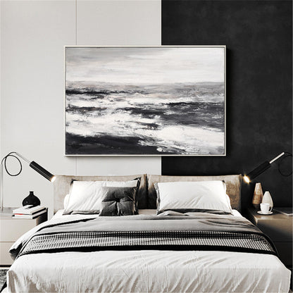 Monochrome Coastal Serenity: Abstract Black and White Beach Oil Painting