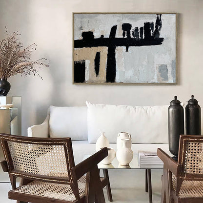 Abstract Wabi-Sabi Oil Painting in Black, White, and Beige for Modern Decor