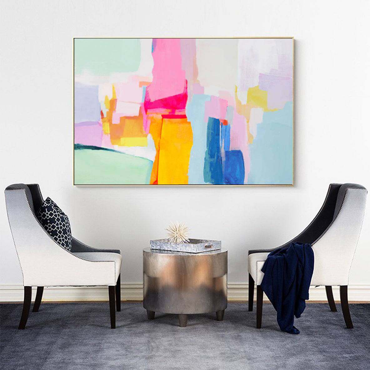 Vibrant Abstract Oil Painting with Bold Colors and Dynamic Shapes for Modern Decor