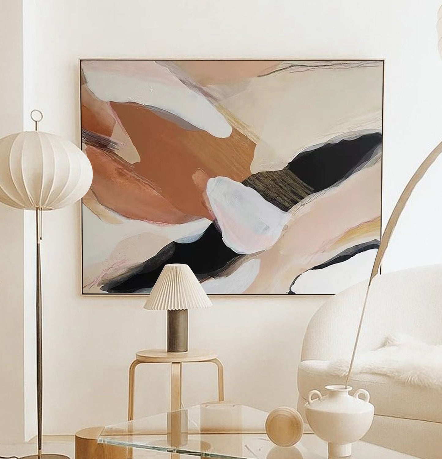 Contemporary Abstract Oil Painting in Soft Earth Tones for Modern Home Decor