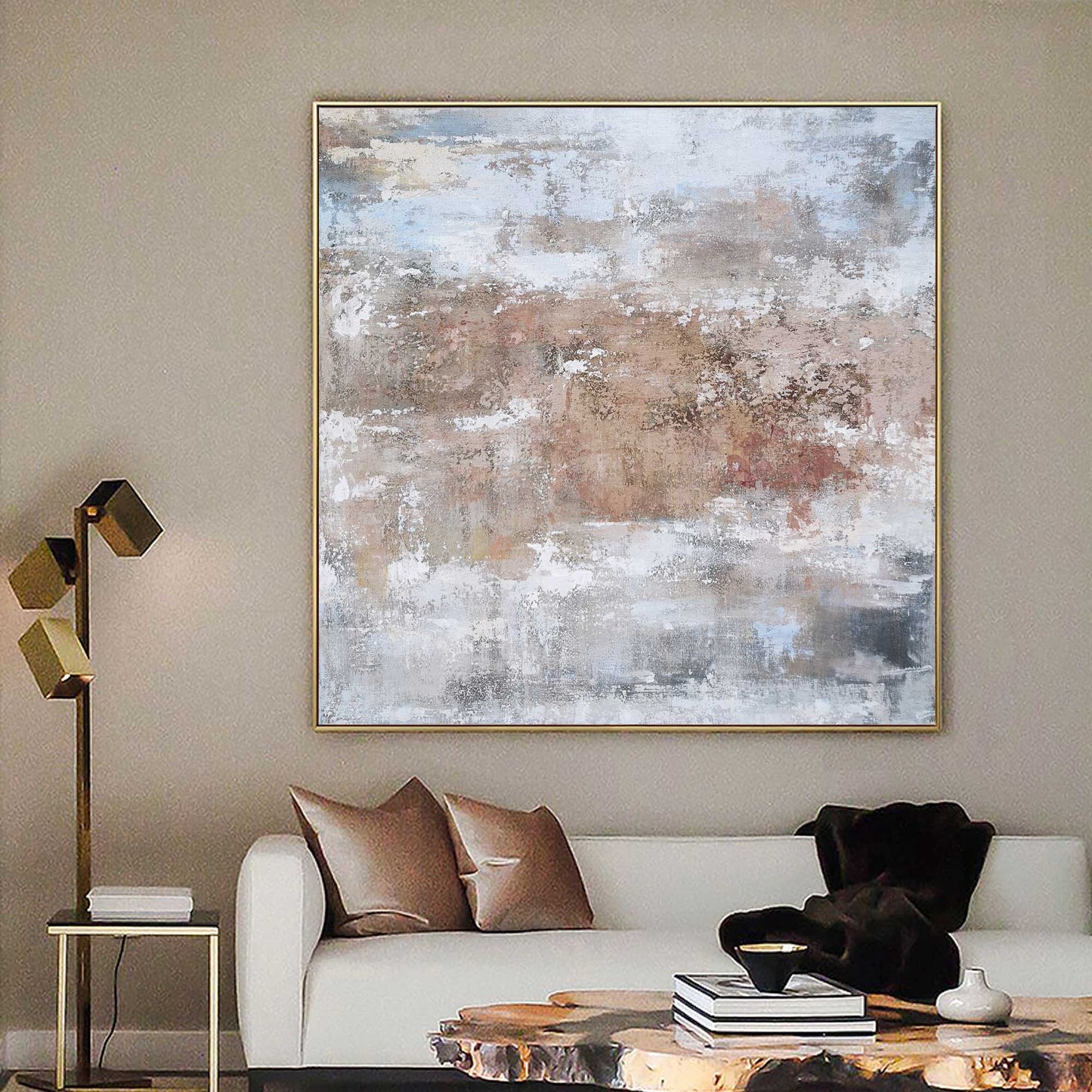 Rustic Grey and White Abstract Oil Painting for Modern Home Decor