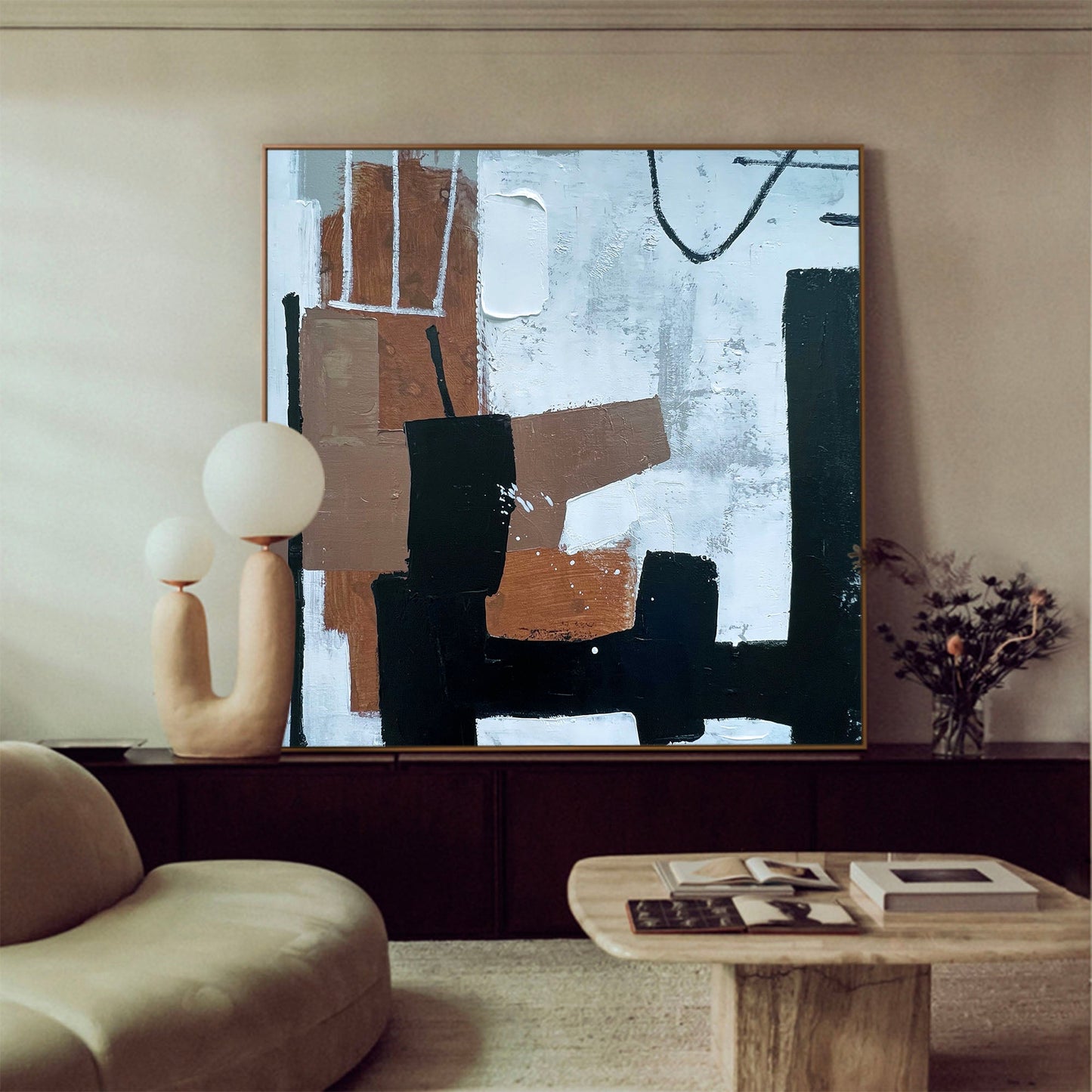 Contemporary Black and Brown Abstract Oil Painting for Elegant Home Decor