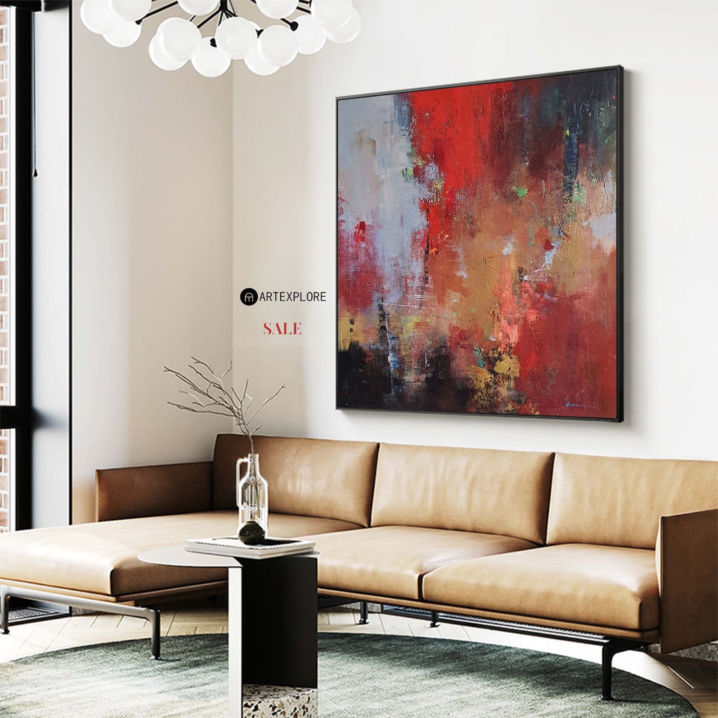 Vibrant Modern Abstract Oil Painting in Bold Red and Earthy Tones for Home Decor