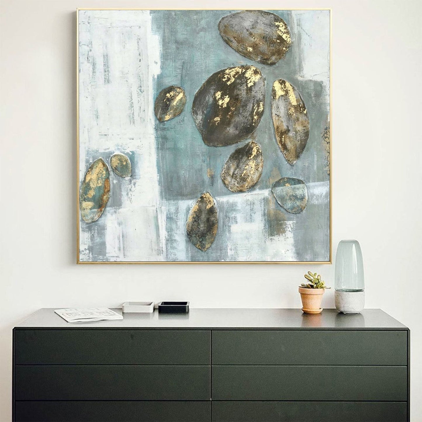 Serene Green Abstract Oil Painting with Textured Gold Accents for Modern Decor