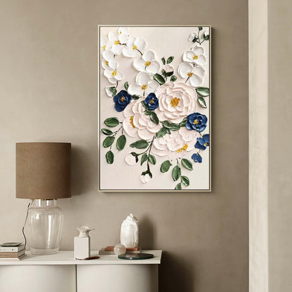 Elegant Floral Oil Painting with Vibrant Colors and Textured Blossom Design