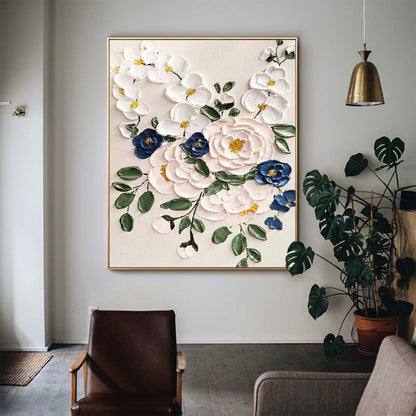 Elegant Floral Oil Painting with Vibrant Colors and Textured Blossom Design