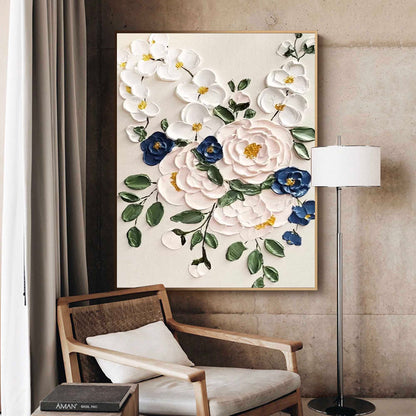 Elegant Floral Oil Painting with Vibrant Colors and Textured Blossom Design