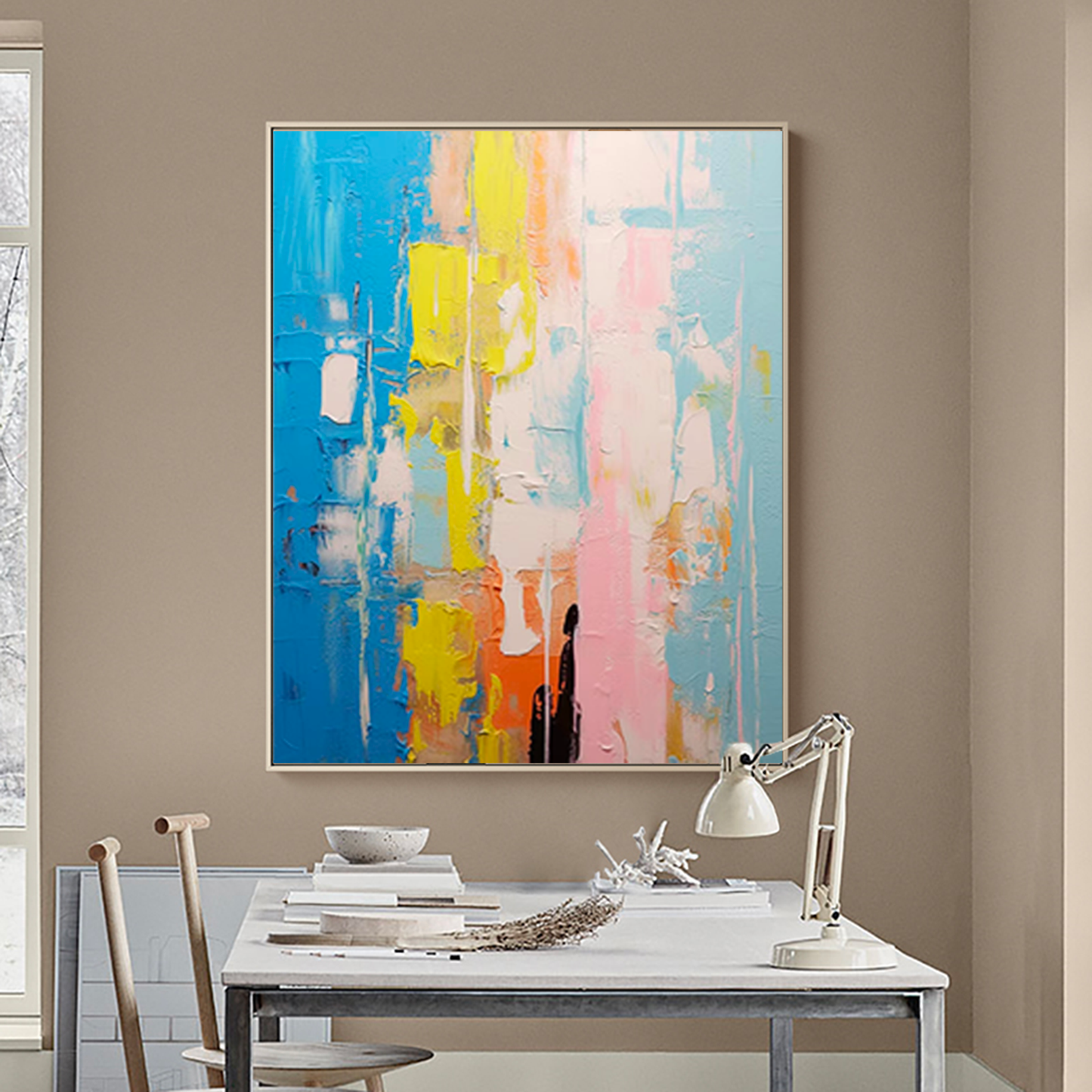 Vibrant Abstract Oil Painting with Blue, Yellow, and Pink for Modern Home Decor