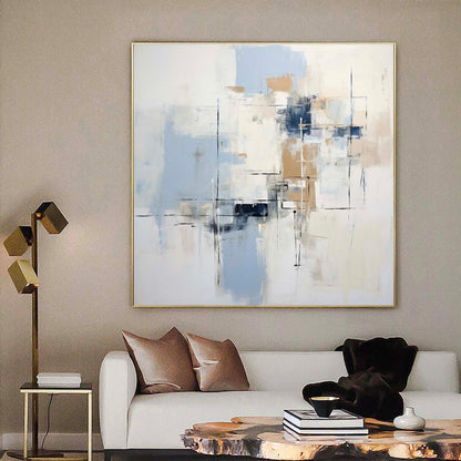 Serene Abstract Oil Painting with Soft Blue and Neutral Tones for Modern Decor