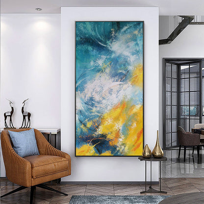 Vibrant Blue and Yellow Abstract Oil Painting for Modern Home Decor