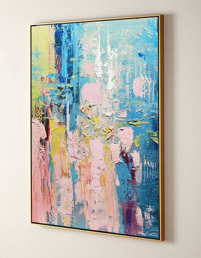 Vibrant Abstract Oil Painting with Blue and Pink Hues for Modern Home Decor