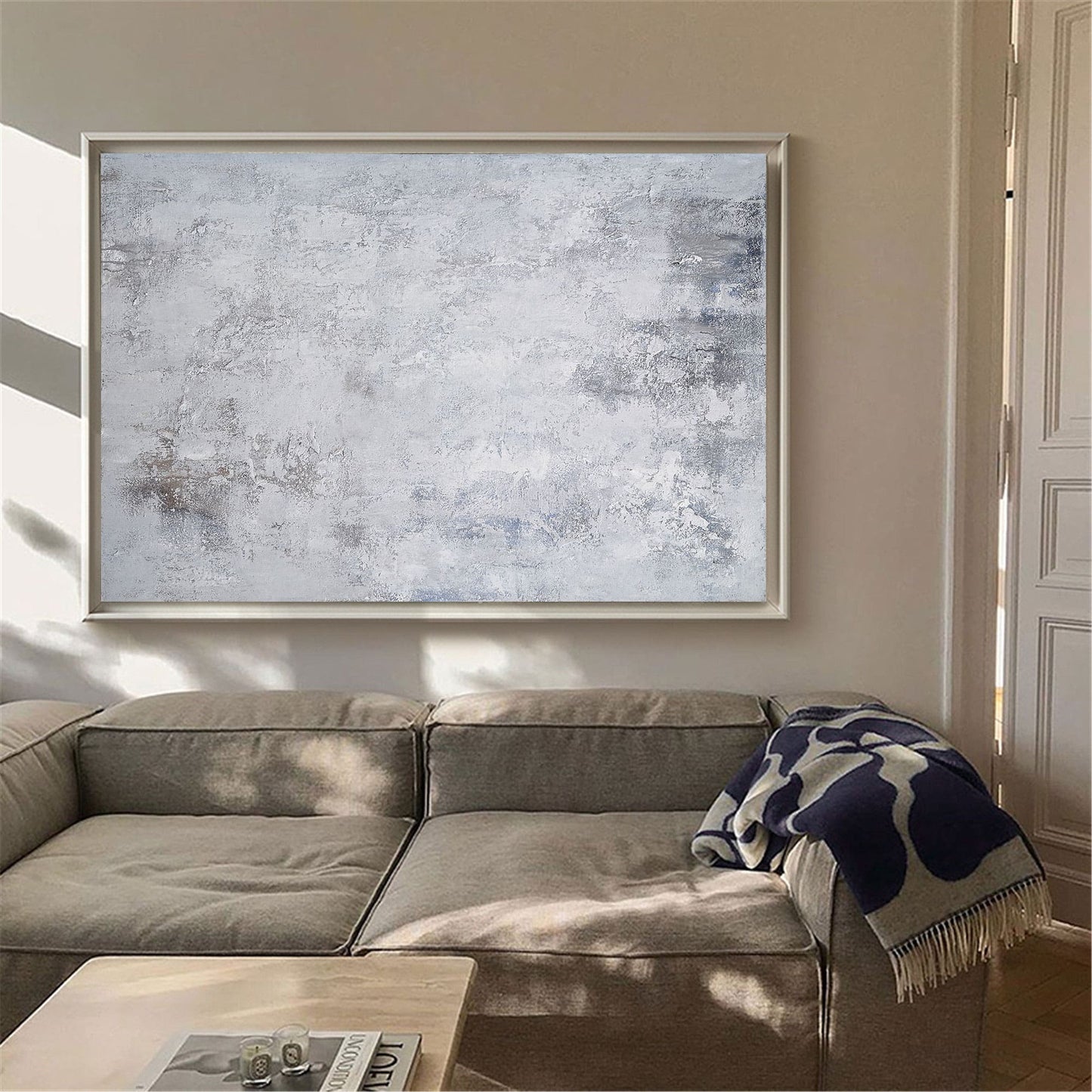 Modern Gray and White Abstract Oil Painting for Minimalist Home Decor