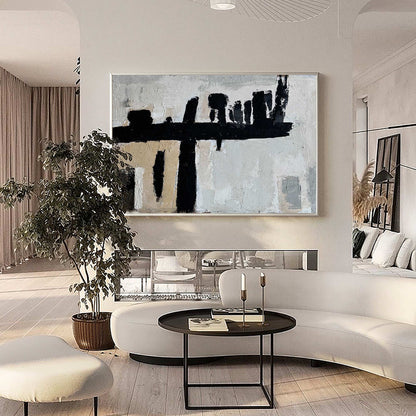 Abstract Wabi-Sabi Oil Painting in Black, White, and Beige for Modern Decor