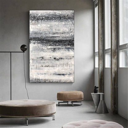 Monochrome Coastal Serenity: Abstract Black and White Beach Oil Painting