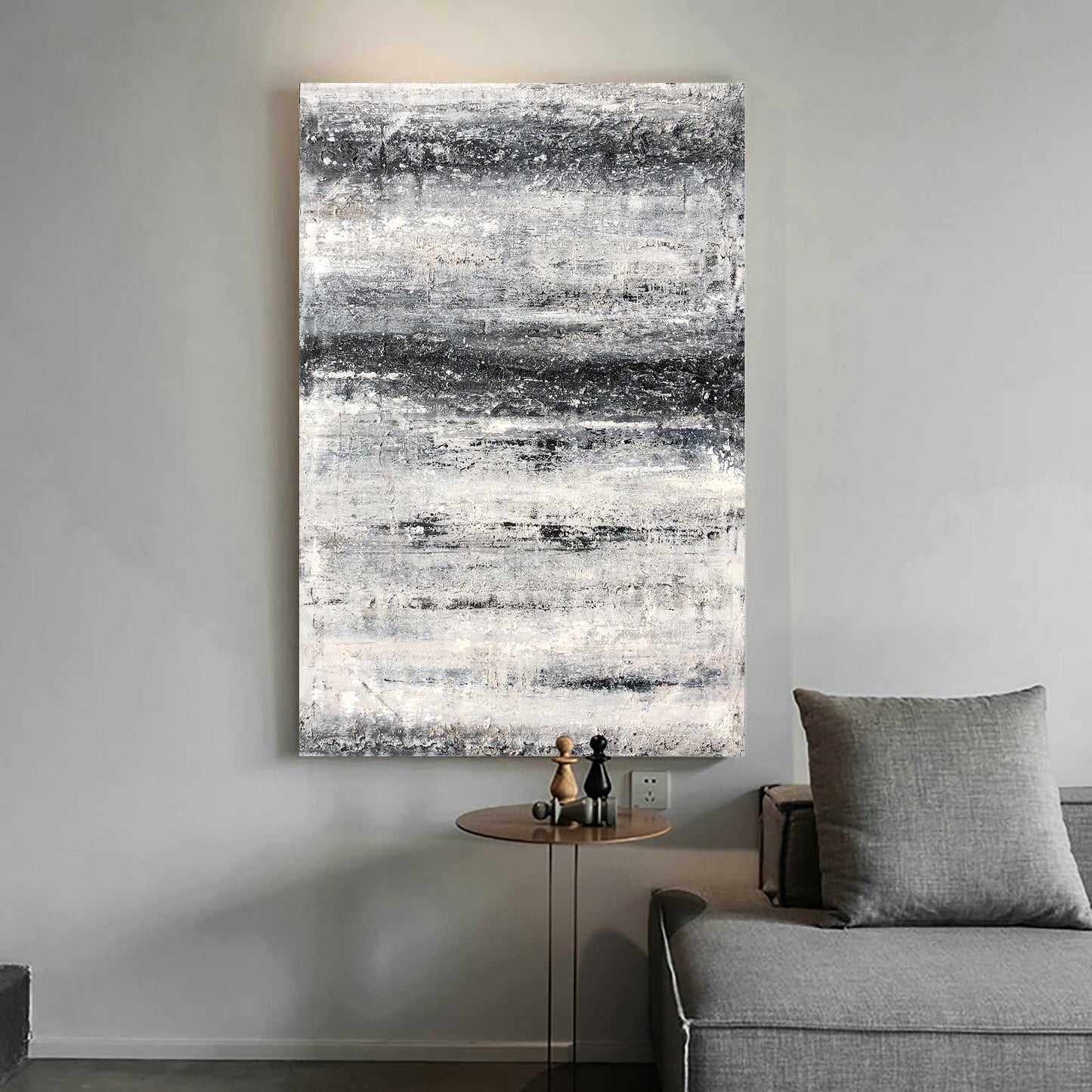 Monochrome Coastal Serenity: Abstract Black and White Beach Oil Painting
