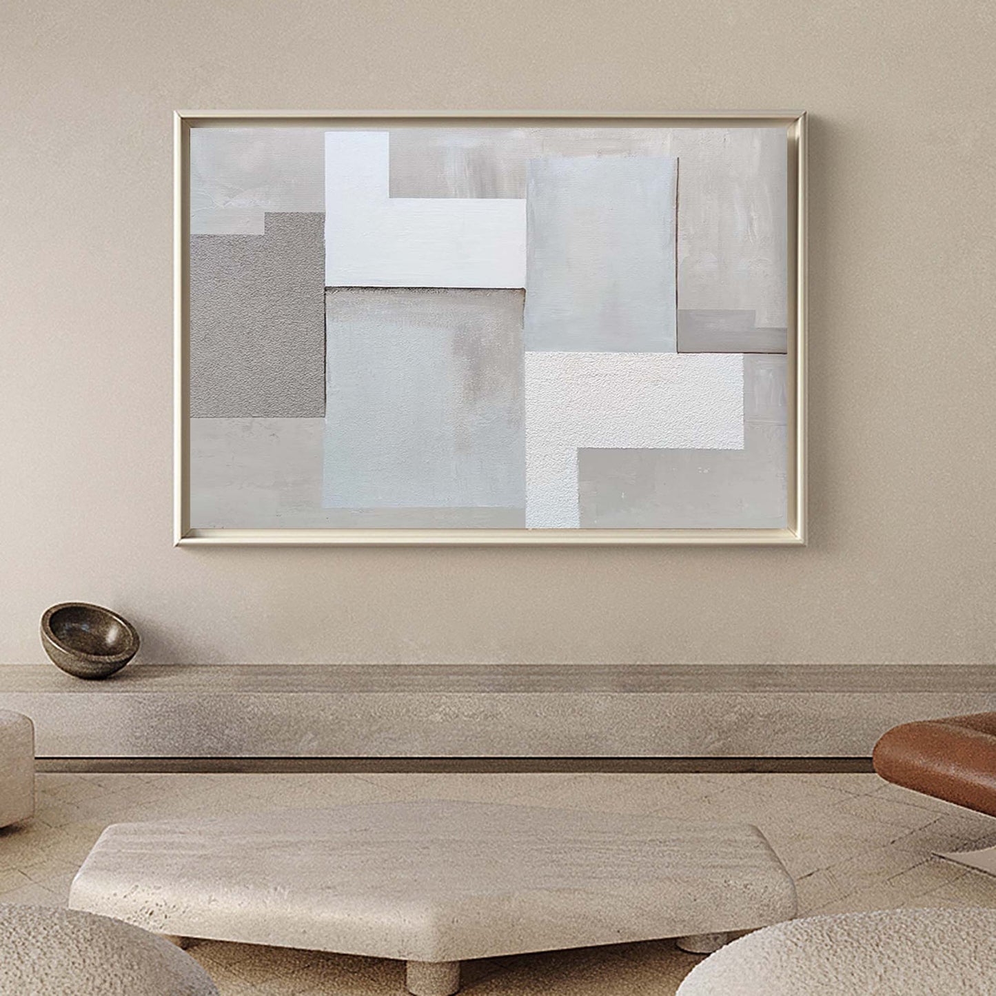 Contemporary Minimalist Geometric Oil Painting in Soft Neutrals for Modern Decor