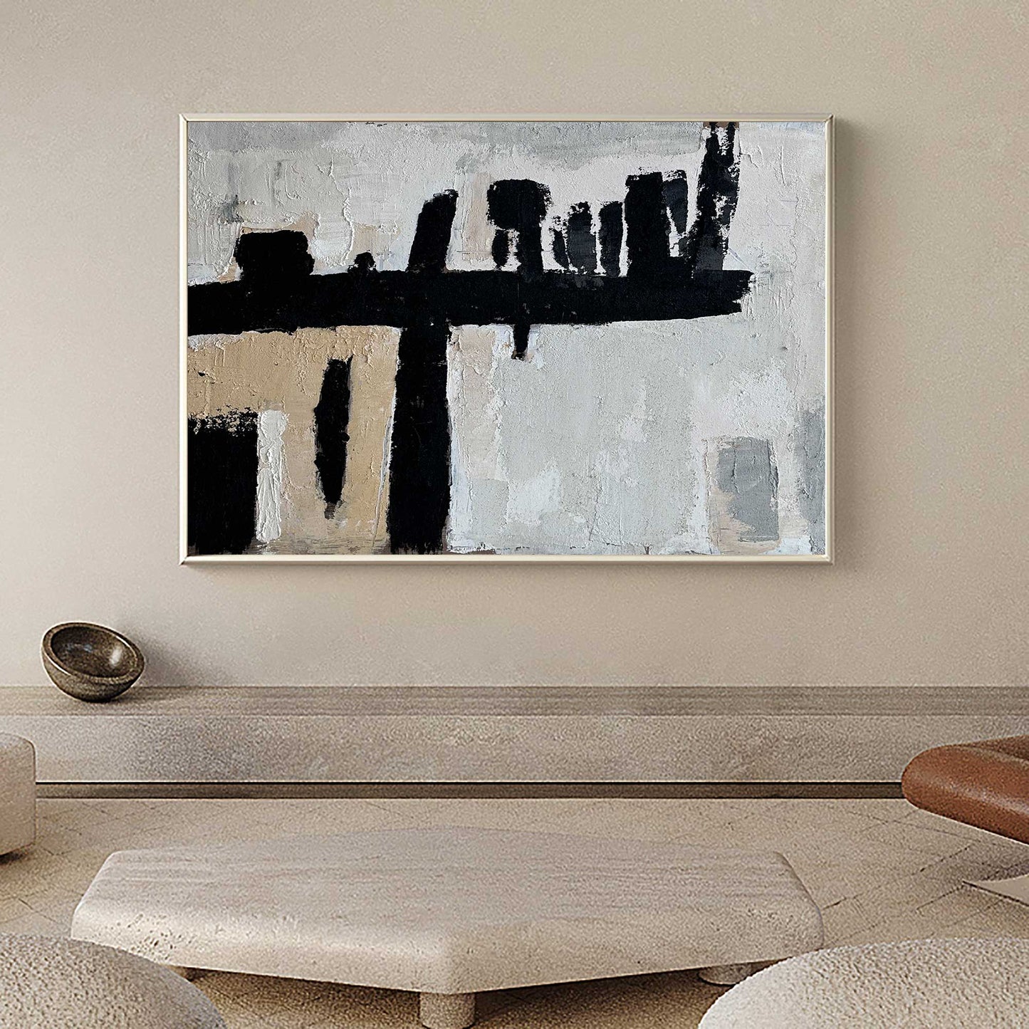 Abstract Wabi-Sabi Oil Painting in Black, White, and Beige for Modern Decor