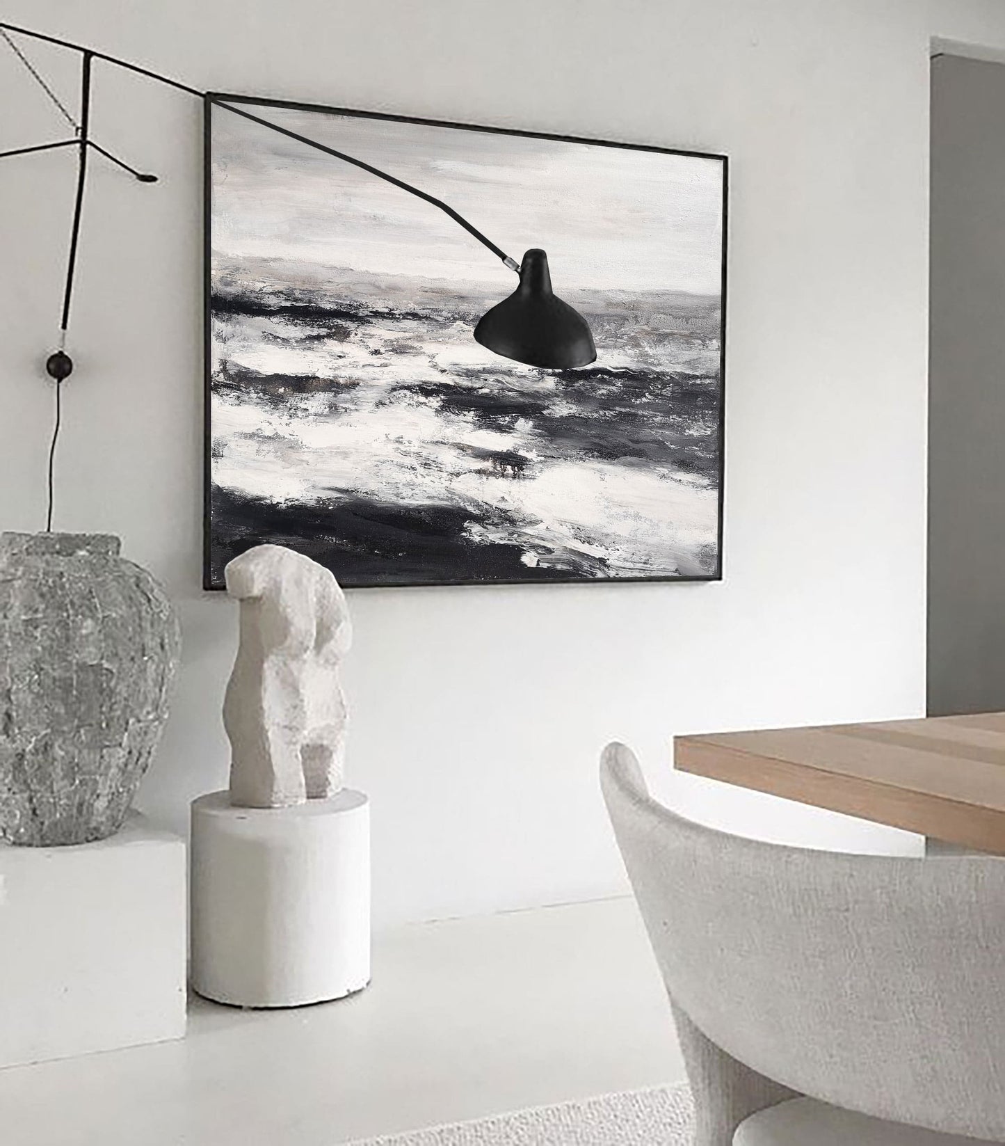 Monochrome Coastal Serenity: Abstract Black and White Beach Oil Painting