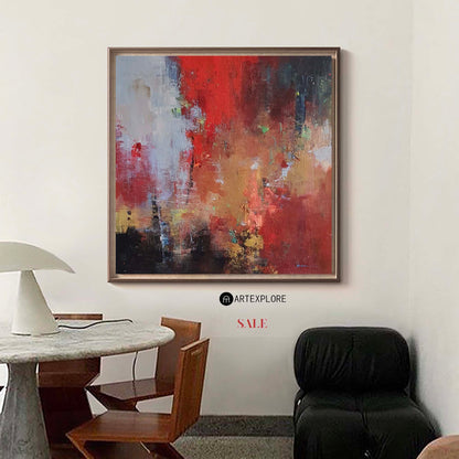 Vibrant Modern Abstract Oil Painting in Bold Red and Earthy Tones for Home Decor