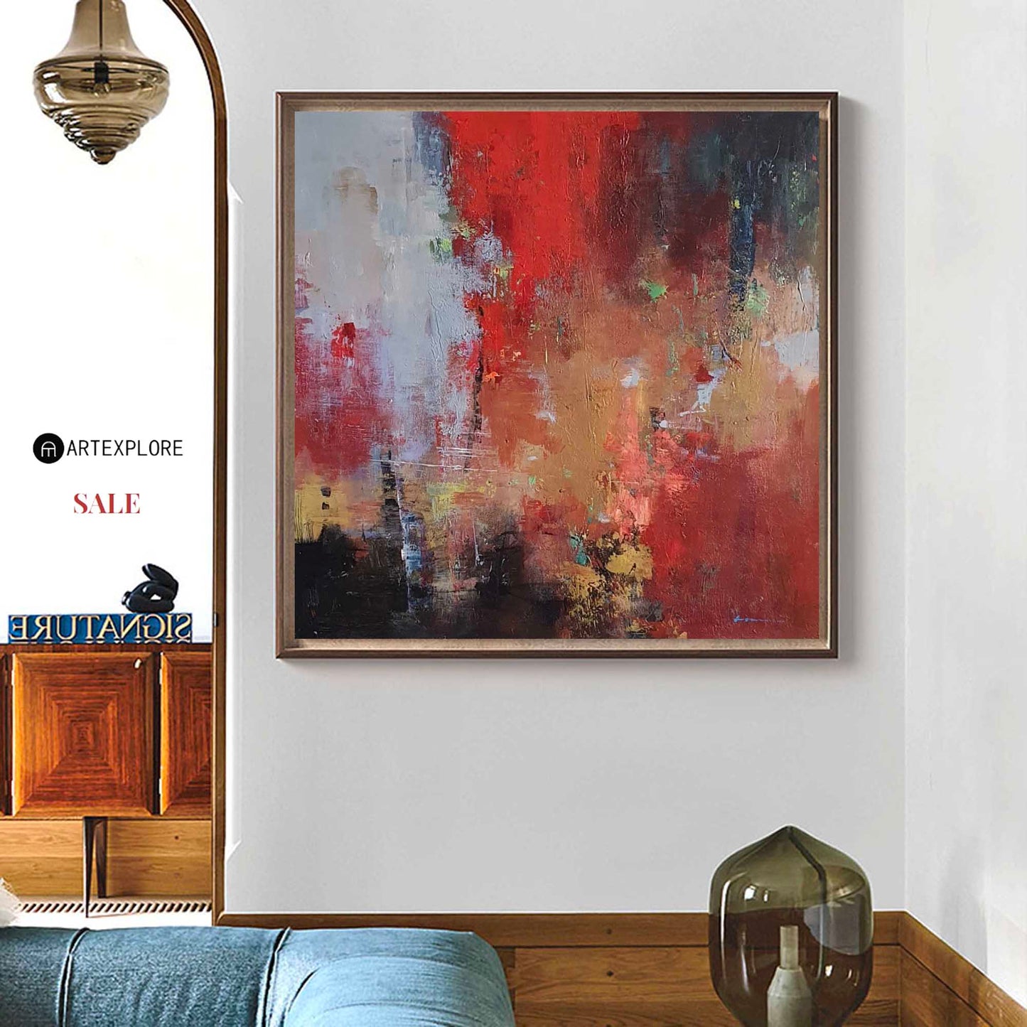 Vibrant Modern Abstract Oil Painting in Bold Red and Earthy Tones for Home Decor