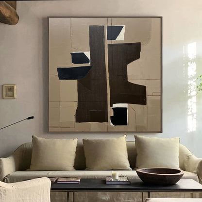 Wabi-Sabi Minimalist Black and Beige Abstract Oil Painting for Modern Decor