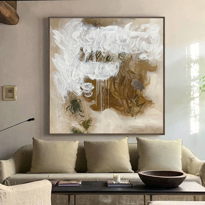 Contemporary Abstract Oil Painting with Textured White and Earth Tones