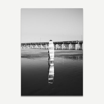 Black and White Longboard Surfer Reflection at Ocean Pier Sunset