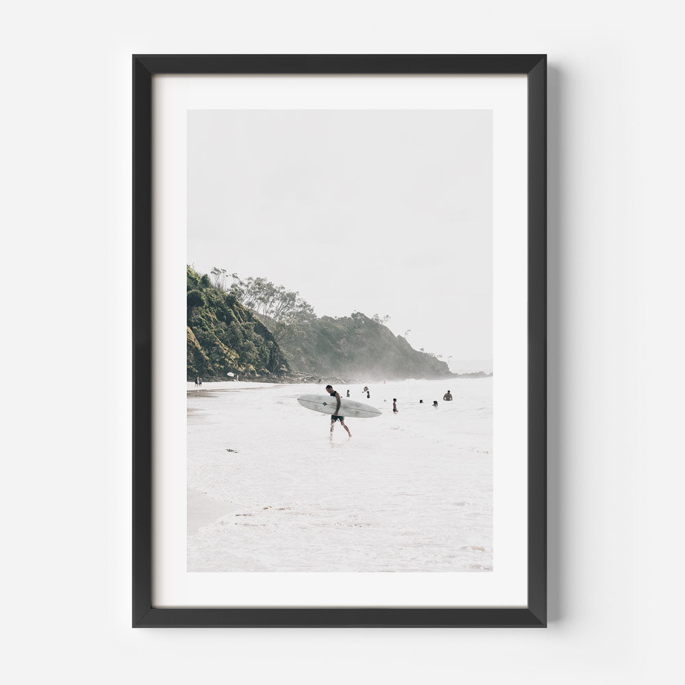 Serene Beach Escape: Surfers at North Wategos Ocean Landscape Oil Painting