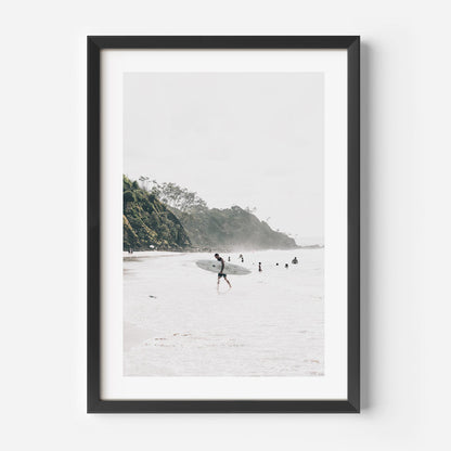 Serene Beach Escape: Surfers at North Wategos Ocean Landscape Oil Painting