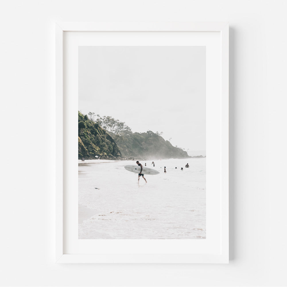 Serene Beach Escape: Surfers at North Wategos Ocean Landscape Oil Painting