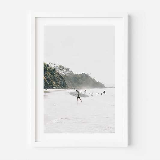 Serene Beach Escape: Surfers at North Wategos Ocean Landscape Oil Painting