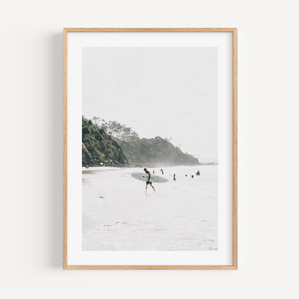 Serene Beach Escape: Surfers at North Wategos Ocean Landscape Oil Painting