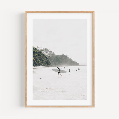 Serene Beach Escape: Surfers at North Wategos Ocean Landscape Oil Painting