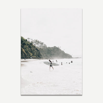 Serene Beach Escape: Surfers at North Wategos Ocean Landscape Oil Painting