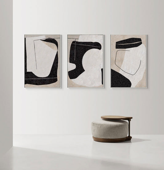 Contemporary Minimalist Black and White Abstract Oil Painting for Modern Decor
